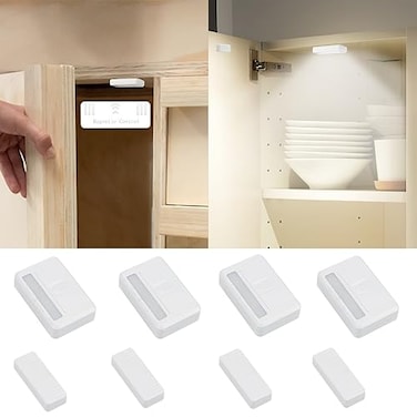 Amagle 4 Pack Cordless Cabinet Lights Door Open Activated Sensor Automatic Turn On Off Led Cupboard Drawer Closet Light Battery Operated Stick On Up Puck Lights Indoor for Kitchen Cabinets Pantry Gun