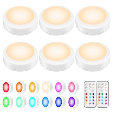 Alivation Led Under Cabinet Lighting Battery Operated Light 6 Puck Lights with Remote Control 13 Color Changing Stick on Touch Push Tap Lights for Kitchen Closet Bookshelf Stair Display