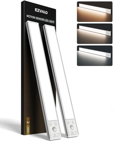 EZVALO 134 LED Under Cabinet Lights 4000mAh Rechargeable Motion Sensor Light Indoor Dimmable Magnetic Closet Lights with 3 Color Temps Wireless Under Counter Lights for Kitchen Stair 2 Pack