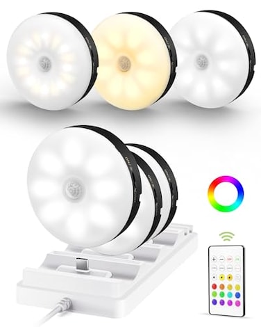 EZVALO Under Cabinet Lighting with Charging Station 1000mAh Rechargeable Puck Lights with Remote 3 Color Temps 12 RGB Closet Lights Dimmable Motion Sensor Lights for Shelf Kitchen 6 Packs
