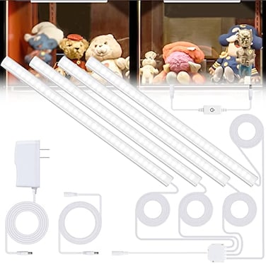 JUSJUBR 4Pack Cold White Display Shelf Lights Under Shelf Lighting with Memory Function 12 Inch 6000K Plugin Bookshelf Lighting LED Cabinet Lights for Display CasePantryClosetSafe