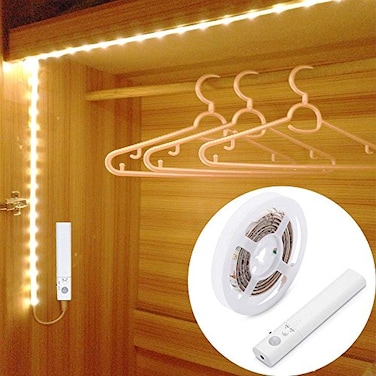 KUCAM Motion Sensor LED Light Strip 1M Closet Lights Battery Operated 3000K Warm White for Under Cabinet Kitchen Lights Cupboard Counter StairsWardrobe Under Bed Night Lighting