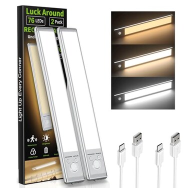 LUCK AROUND Under Cabinet Lighting 2 Pack Motion Sensor Light Indoor 76 LED USB Rechargeable Battery Operated 3 Levels Dimmable Magnetic Closet Lights Wireless Under Counter Lights for Kitchen Stairs