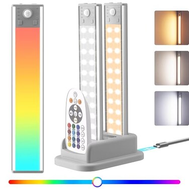 lexall Under Cabinet Lights 3 Pack with Charging Station Rechargeable Motion Sensor Closet Light Indoor RGB Color Changing Dimmable LED Bar Magnetic Under Counter Lights for Kitchen Bedroom Garage