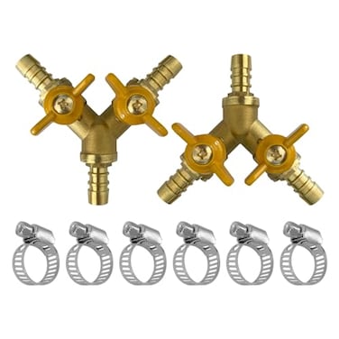 soujkooy 2Pcs 3 Way Shut Off Ball Valve 38 Hose Barb 2 Switch Brass Y Shaped Ball Valve with Clamps for WaterFuelAir