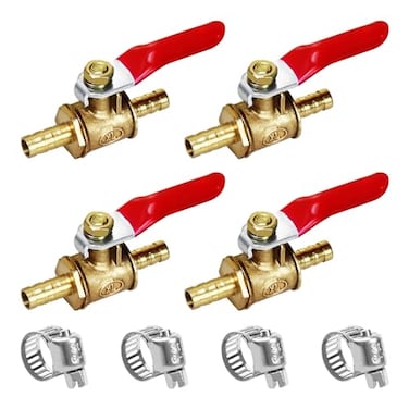 bociloy 4Pcs Forged Brass Mini Ball Valve Shut Off Switch 14 Hose Barb x 14 Hose Barb Water Gas Oil Pipe Tubing Fitting Coupler 180 Degree Operation Handle with 4 Hose Clamps