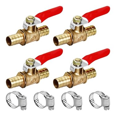 bociloy 4Pcs Forged Brass Mini Ball Valve Shut Off Switch 38 Hose Barb x 38 Hose Barb Water Gas Oil Pipe Tubing Fitting Coupler 180 Degree Operation Handle with 4 Hose Clamps