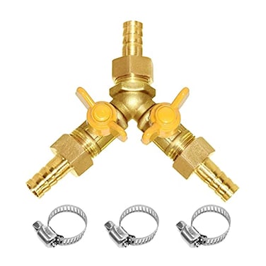 Hooshing 14 Hose Barb Brass 3 Way Shut Off Valve 2 Switch Y Shaped Ball Valve with Stainless clamps for Water Fuel Air