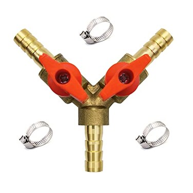 Hooshing 3 Way Shut Off Ball Valve 516 ID Hose Barb Brass Y Shaped Ball Valve 2 Switch Hose Barb Fitting with Stainless Clamps