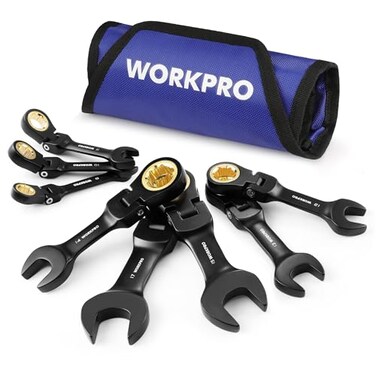 WORKPRO 8Piece Stubby Antislip Ratcheting Combination Wrench Set Metric 817 mm 72Teeth CRV Black Electrophoretic Coating FlexHead Wrench Set with Rolling Pouch