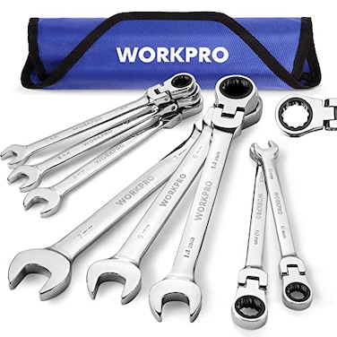 WORKPRO 8piece FlexHead Ratcheting Combination Wrench Set Metric 817mm 72Teeth CrV Constructed Mirror Polished Chrome Plated with Roll Up Pouch