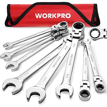 WORKPRO 8piece FlexHead Ratcheting Combination Wrench Set SAE 51634 in 72Teeth CrV Constructed Mirror Polished Chrome Plated with Roll Up Pouch