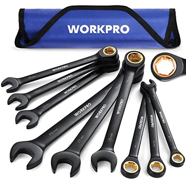 WORKPRO 9Piece AntiSlip Ratcheting Combination Wrench Set Metric 819 mm 72Teeth CrV Constructed Black Ratchet Wrenches Set with Roll Up Pouch