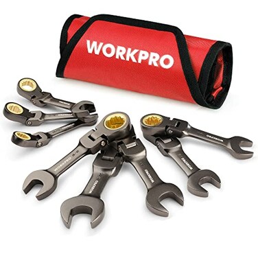 WORKPRO 8 Piece Flex Head Stubby Ratcheting Combination Wrench Set SAE 51634 in 72Teeth CRV Nickel Plating with Rolling Pouch