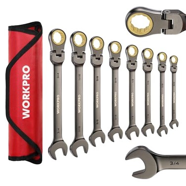 WORKPRO 8piece FlexHead Ratcheting Combination Wrench Set SAE 51634 in 72Teeth CRV Constructed Nickel Plating with Organizer Bag