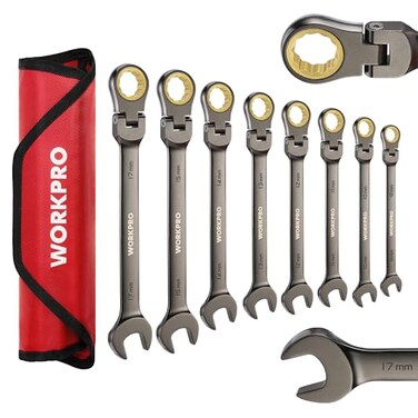 WORKPRO 8piece FlexHead Ratcheting Combination Wrench Set Metric 917 mm 72Teeth CrV Constructed Nickel Plating with Organization Bag