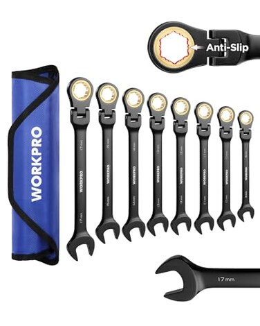 WORKPRO Ratcheting Combination Wrench Set 8piece FlexHead AntiSlip Set Metric 817 mm 72Teeth CrV Constructed Black Electrophoretic Coating with Rolling Pouch