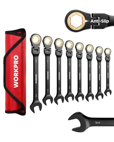 WORKPRO Ratcheting Combination Wrench Set 8piece FlexHead AntiSlip Set SAE 51634 inch 72Teeth CrV Constructed Black Electrophoretic Coating with Rolling Pouch