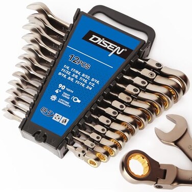 DISEN 12 Pcs Flex Head Ratcheting Wrench Set 90 Teeth Combination Ratchet Wrenches Set SAE14 to 34 CrV Steel 12Point Nickel Plating with Organizer Rack Visit the Store