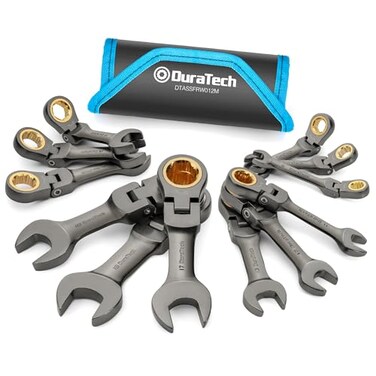 DURATECH 12Piece AntiSlip FlexHead Ratcheting Wrench Set Stubby Combination Wrench Set Metric 819mm 72Teeth CRV Steel Nickel Plated with Pouch