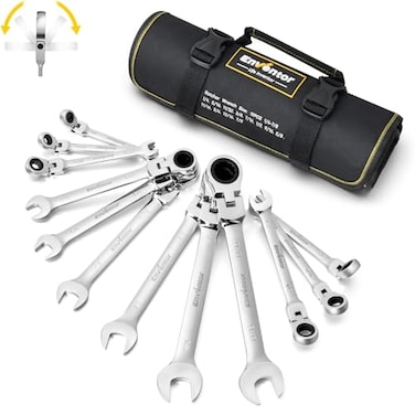 Enventor 12 Pieces SAE 1478 180 Flex Head Ratcheting Wrench Set CRV Steel 72Teeth 12Point Combination Ratchet Wrenches Set with Rolling Pouch