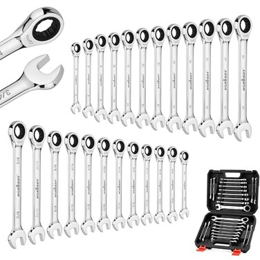 HORUSDY 24Piece Ratcheting Wrench Set Metric and SAE Ratchet Combination Wrenches Set with Organizer 72Tooth Chrome Vanadium Steel 618 mm 14 to 34 24Piece