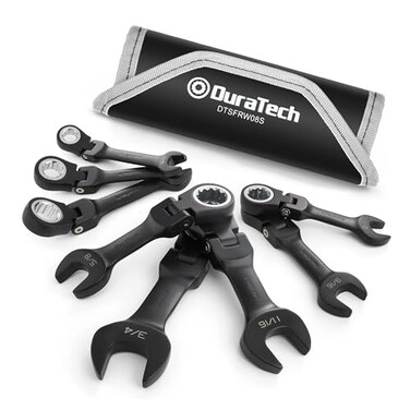 DURATECH Stubby Flexhead Ratcheting Combination Wrench Set SAE 8piece 516 to 34 CRV Steel Black Electrophoretic Coating with Rolling Pouch