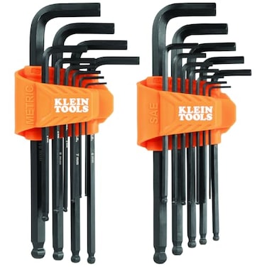 KLEIN TOOLS BLS22 22Piece Long BallEnd Hex Key Wrench Set SAE and Metric HeatTreated LStyle 116Inch to 38Inch and 15mm to 10mm