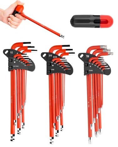 ROTATION 27PC Extra Long Hex Key Set Metric SAE Magnetic Ball End Allen Wrench Set with Handle S2 Alloy Allen Key Set Steel Metric15mm10mm SAE11638 TORXT10T50