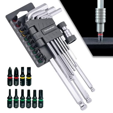 Steinwhale 20in1 Metric Allen Wrench Set S2 Steel Hex Key Set Allen Key Set with Bit Adapter and Screwdriver Bits Ball End for Tilt Operation and Chamfered Tips for Easy Entry