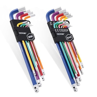 VEVOR Hex Key Allen Wrench Set 22 pcs SAE 005038 in and Metric 1510 mm Color Coding Allen Wrenches Sets with Ball End Long Arm LShaped Hex Key for Bicycle Household Automobile Repair