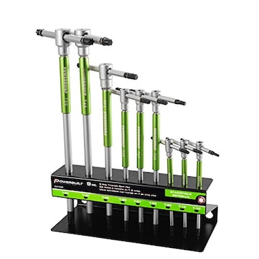 Powerbuilt 9 Pc Torx Star THandle Hex Allen Key Wrench Set w Speed Sleeves for Fast Spinning Action Sliding Top Handle for T or L Shape Long Shafts Storage Rack Auto Bicycle Moto 941646
