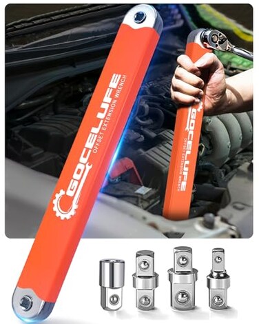 Gocelufe Offset Extension Wrench Impact Tight Reach Wrench Set with Universal Square Drive Adapters 14 38 12 Ideal for Tight Spaces Unique Tool gifts for Mechanic Men Dad Orange