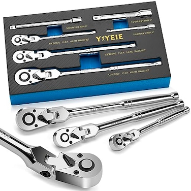 YIYEIE 6Piece Flex Head Ratchet Set 14 38 12 Drive Swivel Head Ratchet Wrench with Extension Bar 72 Tooth 180 Adjustable QuickRelease Flexible Ratchet Handle with EVA Foam