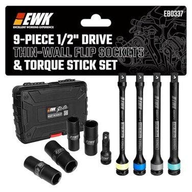 EWK 9Piece 12 Inch Drive Thin Wall Flip Lug Nut Impact Socket and Torque Stick Set 17x19mm 21x22mm 34x1316 78x1516 80 100 120 150 Ftlbs Torque Limiting Extensions for Wheel Service