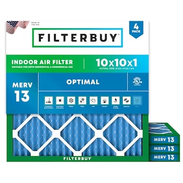 Filterbuy 10x10x1 Air Filter MERV 13 Optimal Smoke Allergy Defense 4Pack Electrostatic Pleated HVAC AC Furnace Filters Replacement Made in USA Actual Size 950 x 950 x 075