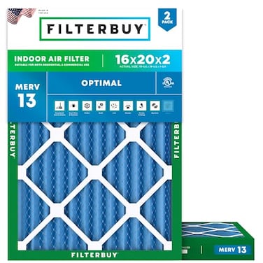 Filterbuy 16x20x2 Air Filter MERV 13 Optimal Smoke Allergy Defense 2Pack Electrostatic Pleated HVAC AC Furnace Filters Replacement Made in USA Actual Size 1550 x 1950 x 175