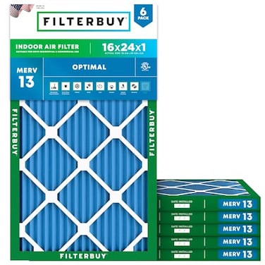 Filterbuy 16x24x1 Air Filter MERV 13 Optimal Smoke Allergy Defense 6Pack Electrostatic Pleated HVAC AC Furnace Filters Replacement Made in USA Actual Size 1538 x 2338 x 075