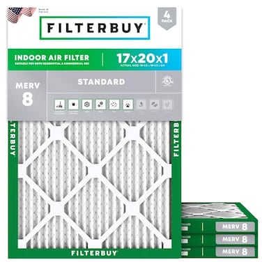 Filterbuy 17x20x1 Air Filter MERV 8 Essential Dust Allergy Defense 4Pack Electrostatic Pleated HVAC AC Furnace Filters Replacement Made in USA Actual Size 1650 x 1950 x 075