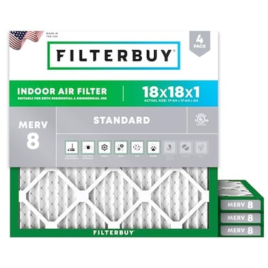 Filterbuy 18x18x1 Air Filter MERV 8 Essential Dust Allergy Defense 4Pack Electrostatic Pleated HVAC AC Furnace Filters Replacement Made in USA Actual Size 1775 x 1775 x 075