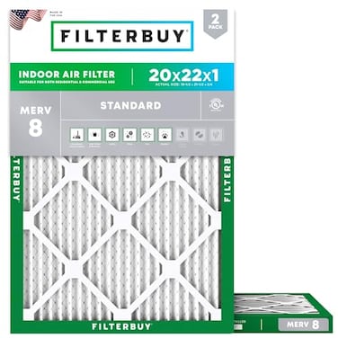 Filterbuy 20x22x1 Air Filter MERV 8 Essential Dust Allergy Defense 2Pack Electrostatic Pleated HVAC AC Furnace Filters Replacement Made in USA Actual Size 1950 x 2150 x 075