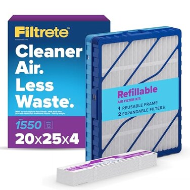Filtrete 20x25x4 Refillable Air Filter Starter Kit MPR 1550 MERV 12 1 Reusable Air Filter Frame 2 Air Filters Fits Honeywell Lennox Allergen Bacteria Virus Actual size 1988 x 2462 x 425
