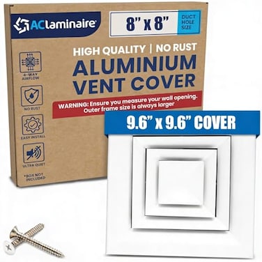 ACLAMINAIRE 8x8 Inch Duct Opening Air Vent Cover 4Way Extruded Aluminum Core Air Supply HVAC Ceiling Diffuser AC Ceiling Register Vent Cover for HVAC Grills with Opposing Blades Damper 96x96 Face
