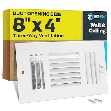 EZ-FLO EZFLO 8 x 4 Inch ThreeWay Ventilation Steel SidewallCeiling Register Steel Duct Opening 61658