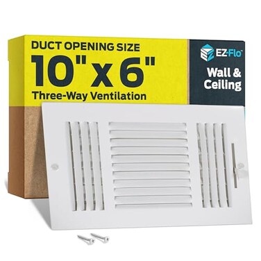EZ-FLO EZFLO 10 x 6 Inch Duct Opening Air Vent Cover for Wall or Ceiling ThreeWay Ventilation Register Solid Steel HVAC Register Cover White 61614