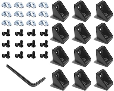 QIJINTRID 12Sets 2020 Series Aluminum Extrusion Black Connectors12 pcs 2020 Aluminum Profile Corner Bracketswith 24 pcs Sliding T Nuts and Screws for 2020 Extrusion Extrusion Profile Accessories