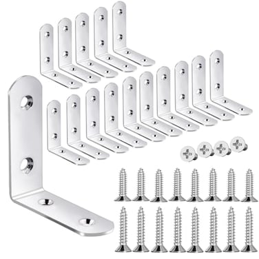 YIVCKOM 18Pack L Shape Corner Brackets Stainless Steel Metal Angle Braces for Wood Furniture Heavy Duty Black 2 inch Shelf Bracket with Long Screws for Household Project L Shape Silver