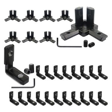 BLCCLOY 20Pcs 2020 Aluminum Extrusion Profiles Black L Interior Corner Bracket with Screws Hardware 8Pcs 20 Series 3Way Tri End Brackets for 2020 2040 V Slot Extruded Aluminum Accessories