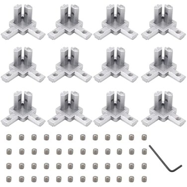 SeekLiny Silver 12Pcs 2020 3 Way Corner Brackets Connector Set with 48Pcs M4 Screw and 2Pcs M2 Wrench for 2020 Series Aluminum Extrusion Profile