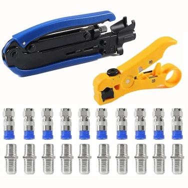 DIANN Coaxial Compression Tool Coax Cable Crimper Kit with 10pcs F Male And 10pcs Female to Female RG6 Connectors for RG711 and RG5966Q